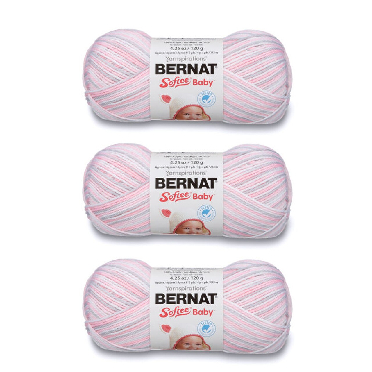 Bernat Softee Baby Pink Flannel Yarn - 3 Pack of 120g/4.25oz - Acrylic - 3 DK (Light) - 310 Yards - Knitting/Crochet